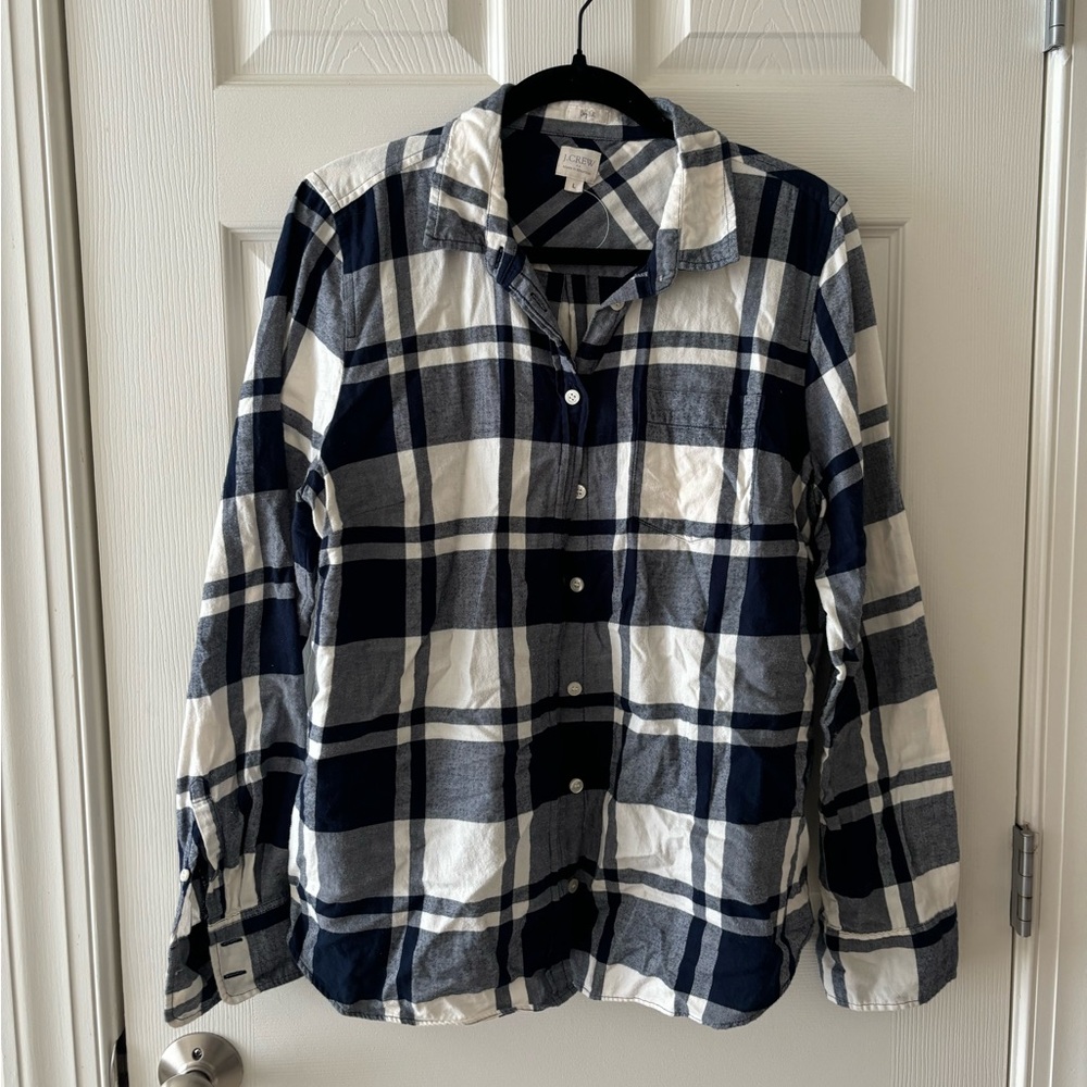 J Crew Womens Blue White Long Sleeve Boy Fit Flannel Button Down Shirt